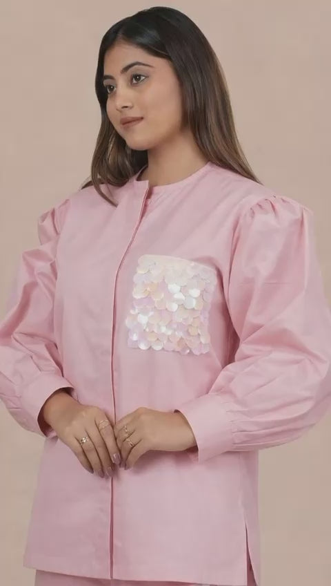 Ariya Threads Women’s Blush Pink Co-Ord Set with Puff Sleeves & Sequin Pocket