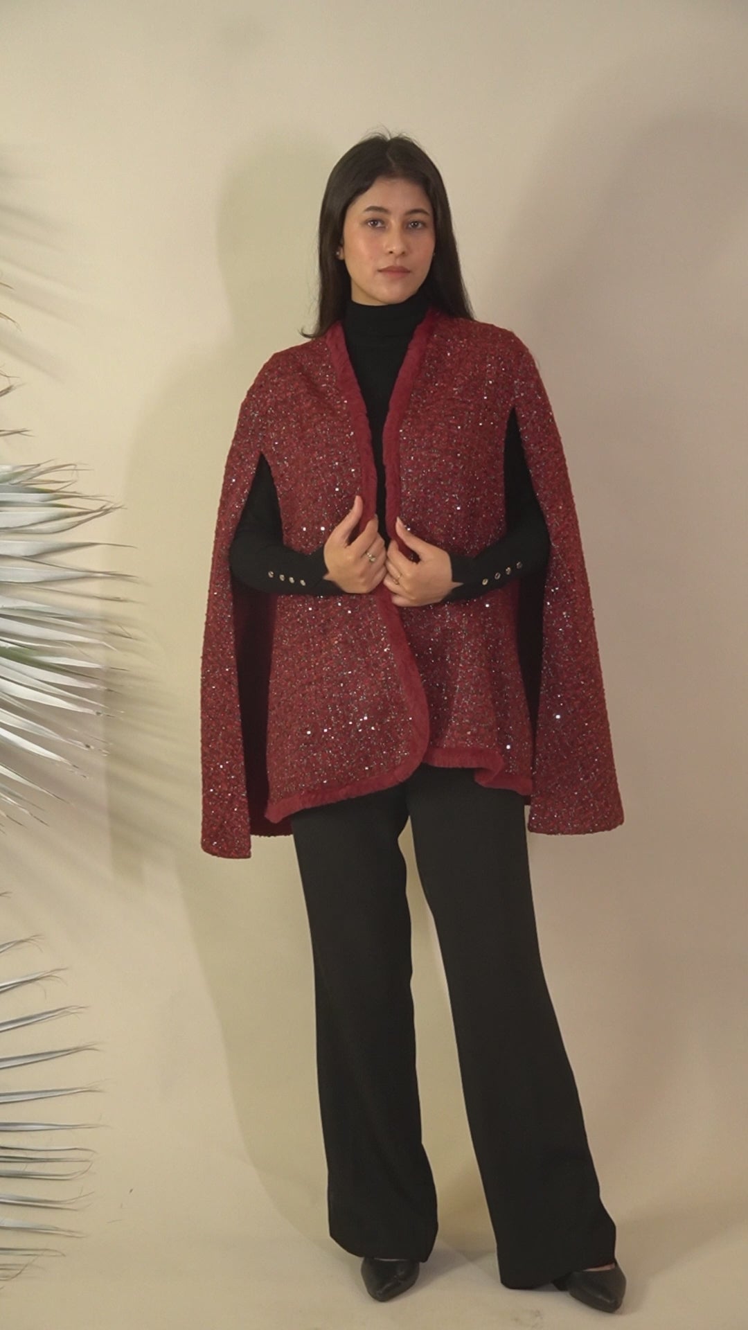 Ariya Threads  Ruby Sparkle Fur-Trim Cape – Luxury Winter Party Wear