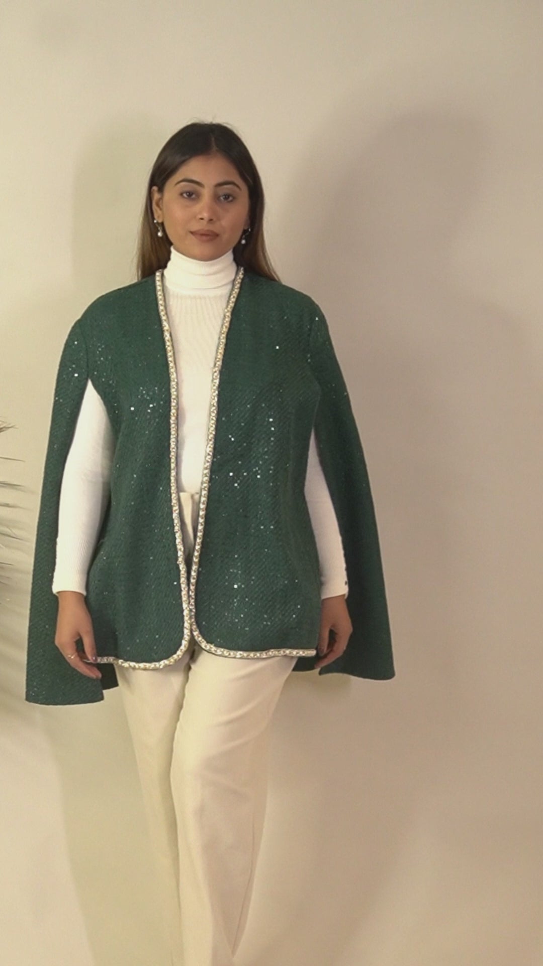 Ariya Threads  Green Frost Tweed Overlay Cape – Stylish Winter Outerwear