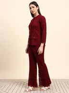 Lace Shirt Co-ord Set (Wine Red)