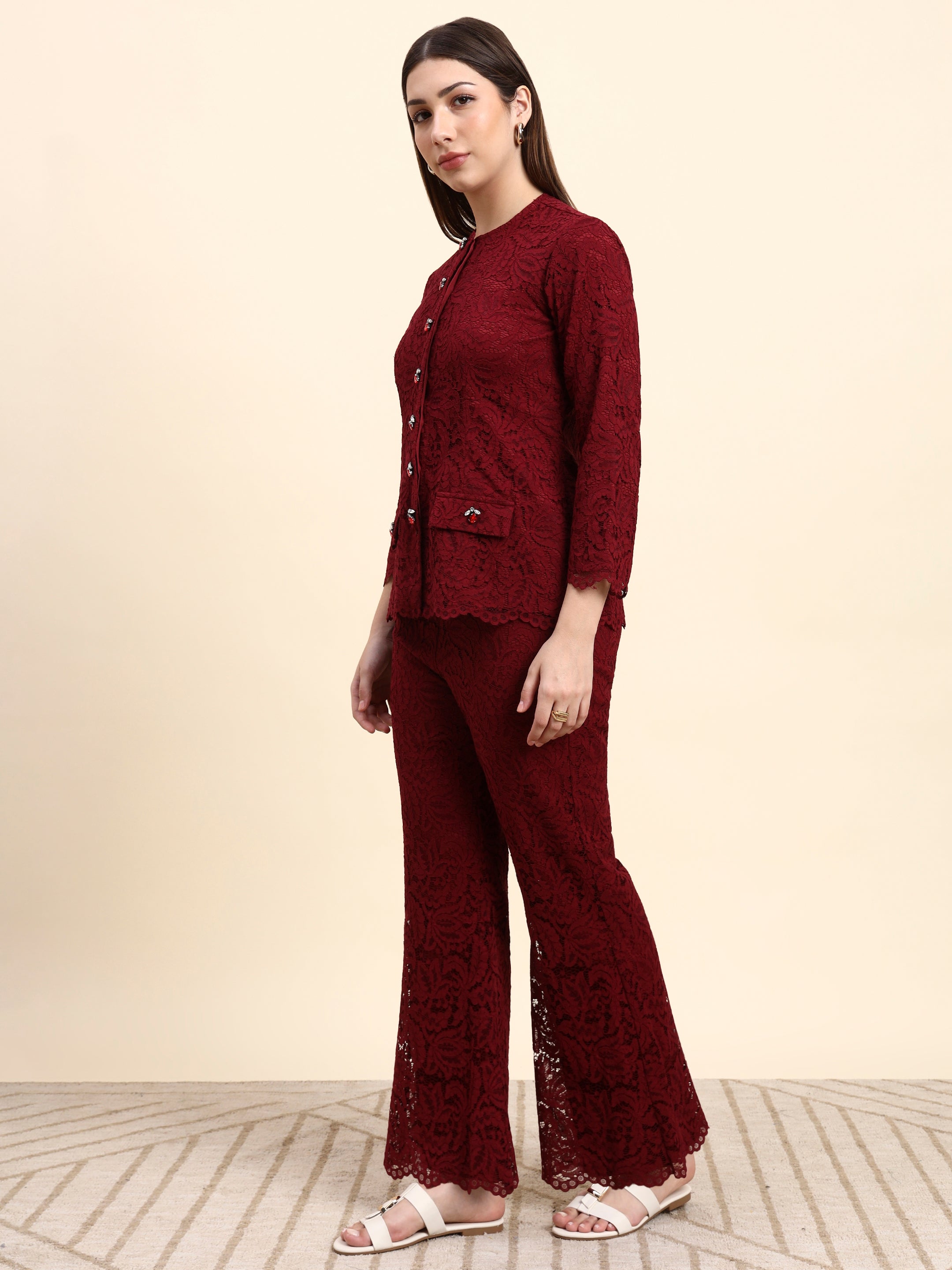 Lace Shirt Co-ord Set (Wine Red)