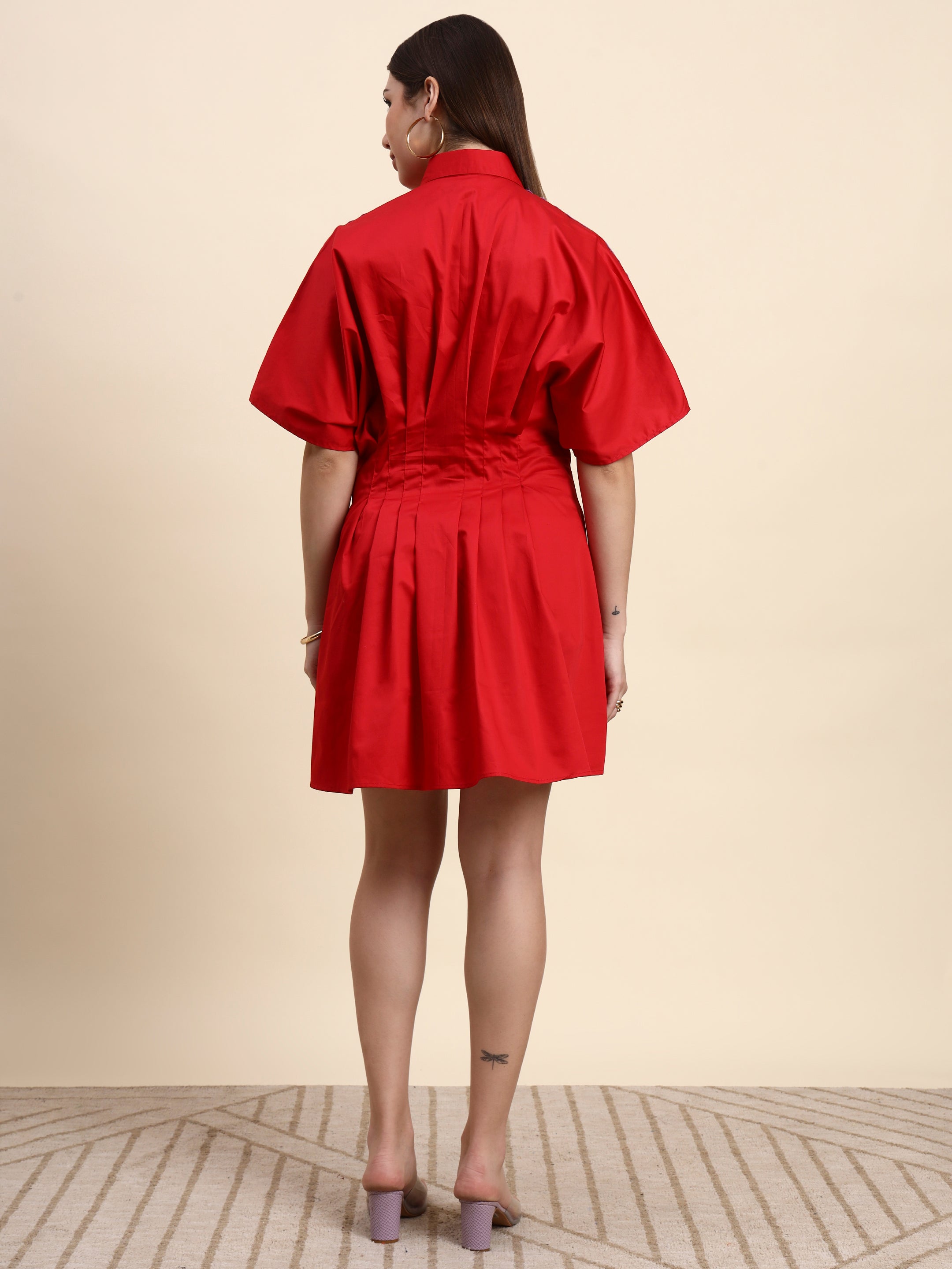 Scarlet Pleated Shirt Dress (Cherry Red)