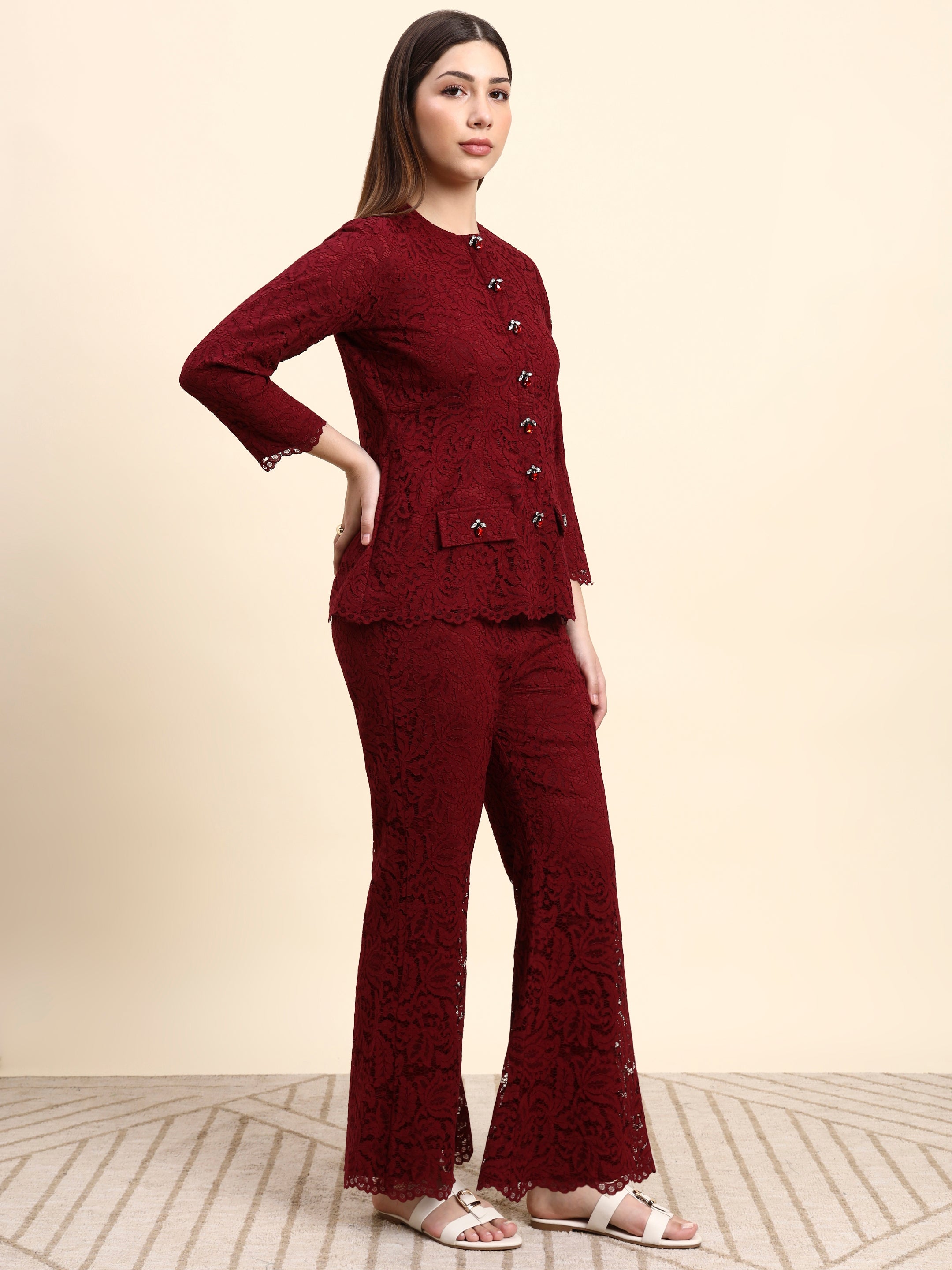 Lace Shirt Co-ord Set (Wine Red)