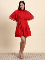Scarlet Pleated Shirt Dress (Cherry Red)