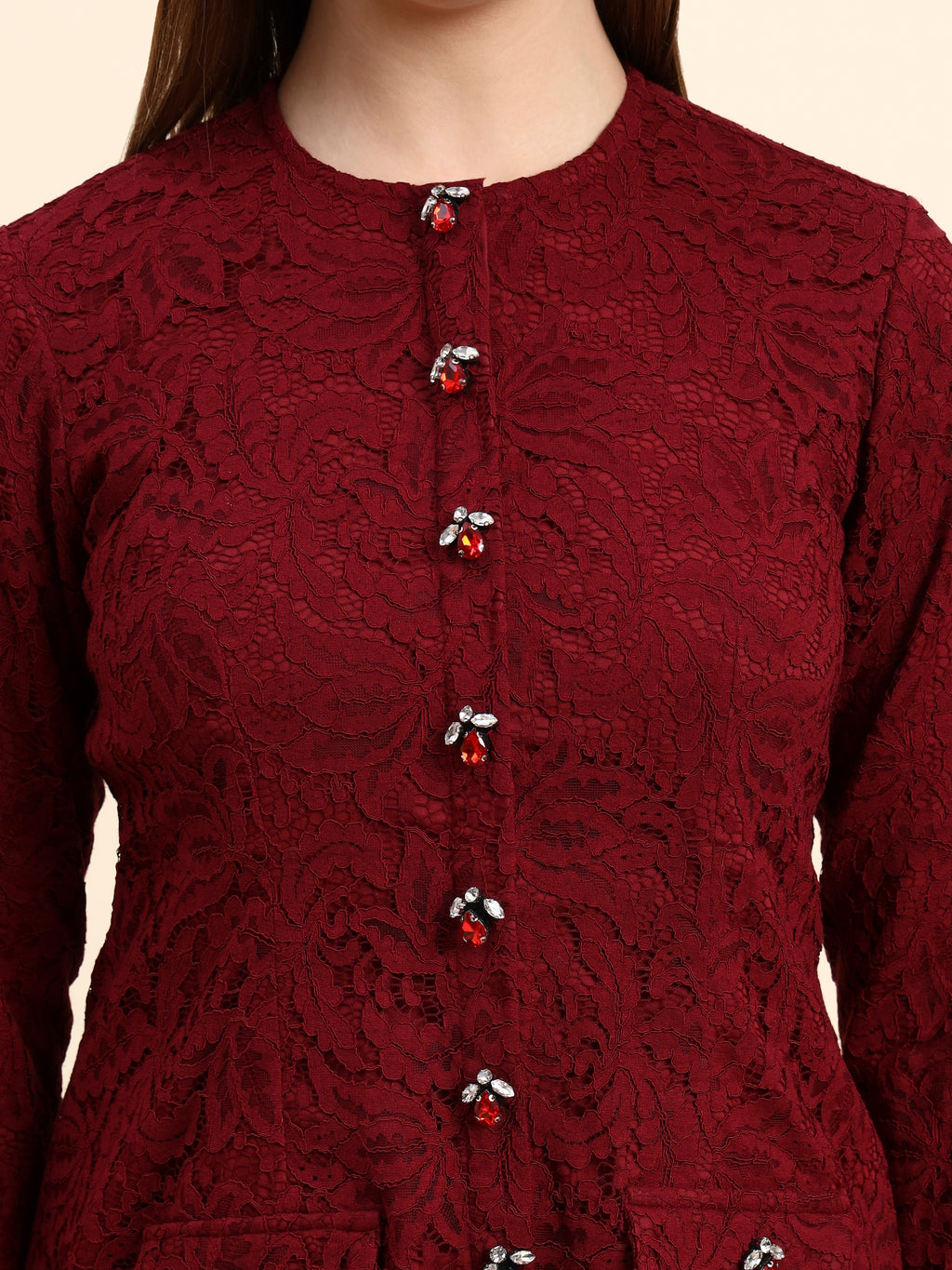 Lace Shirt Co-ord Set (Wine Red)