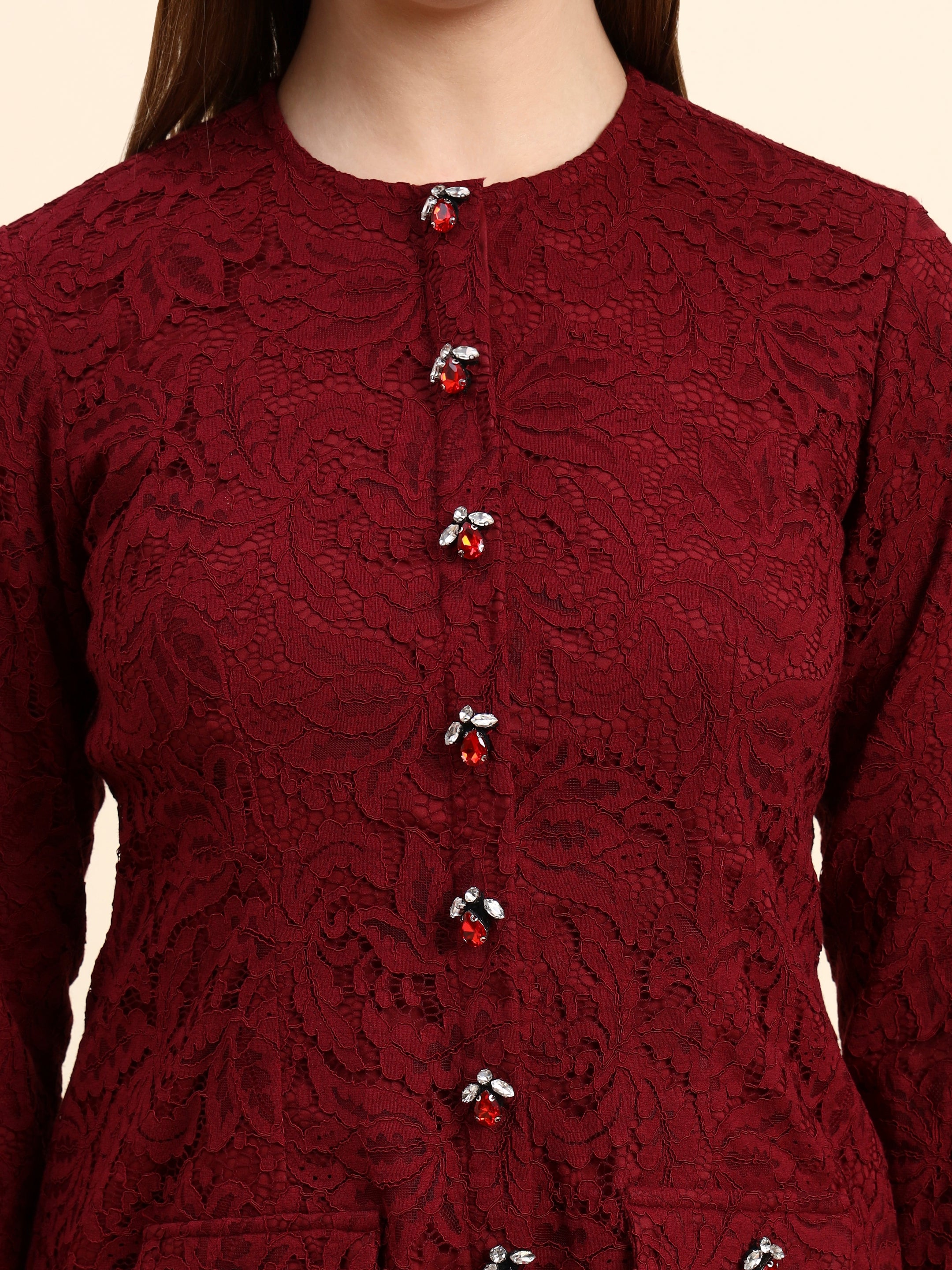 Lace Shirt Co-ord Set (Wine Red)