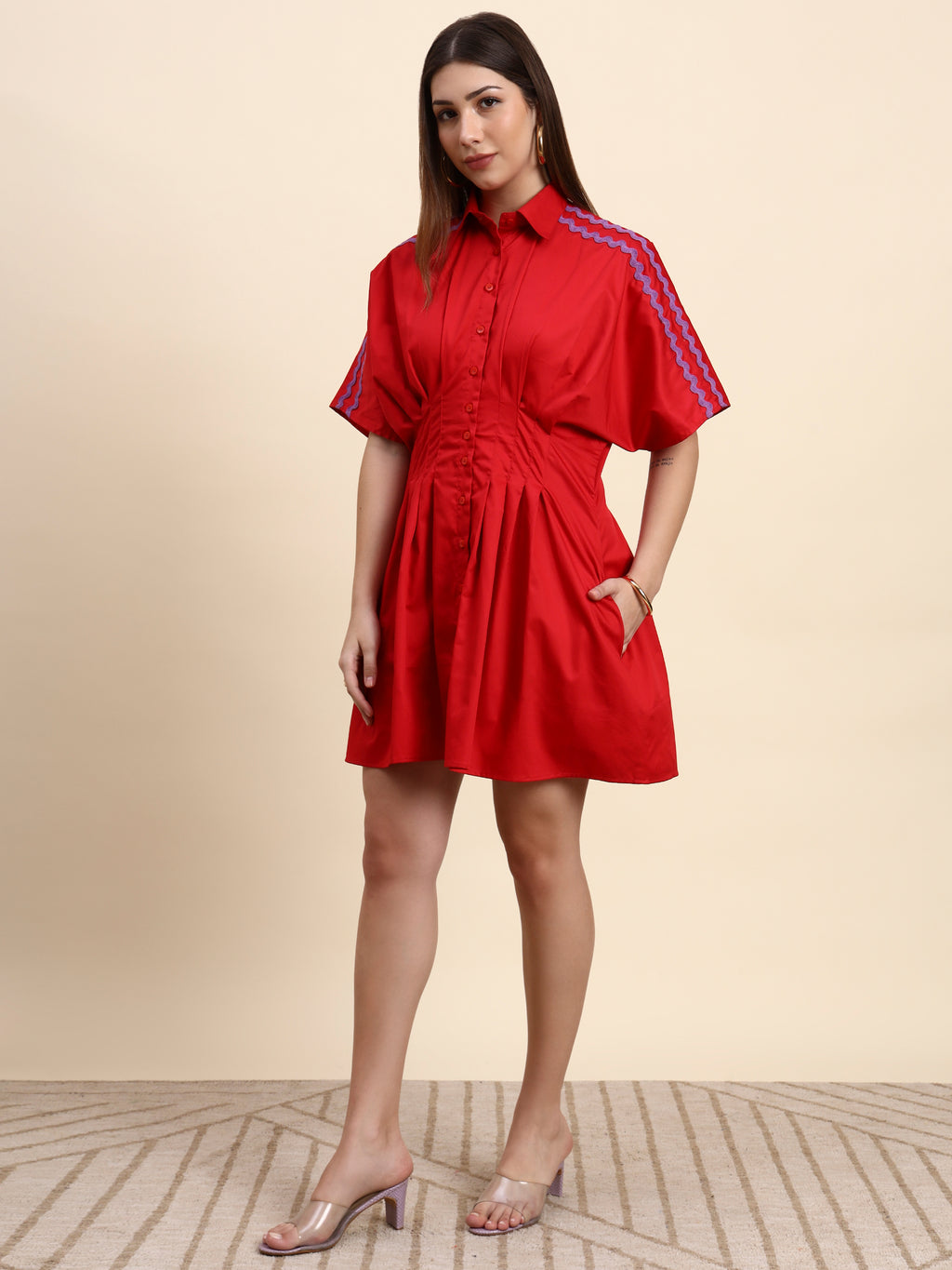 Scarlet Pleated Shirt Dress (Cherry Red)