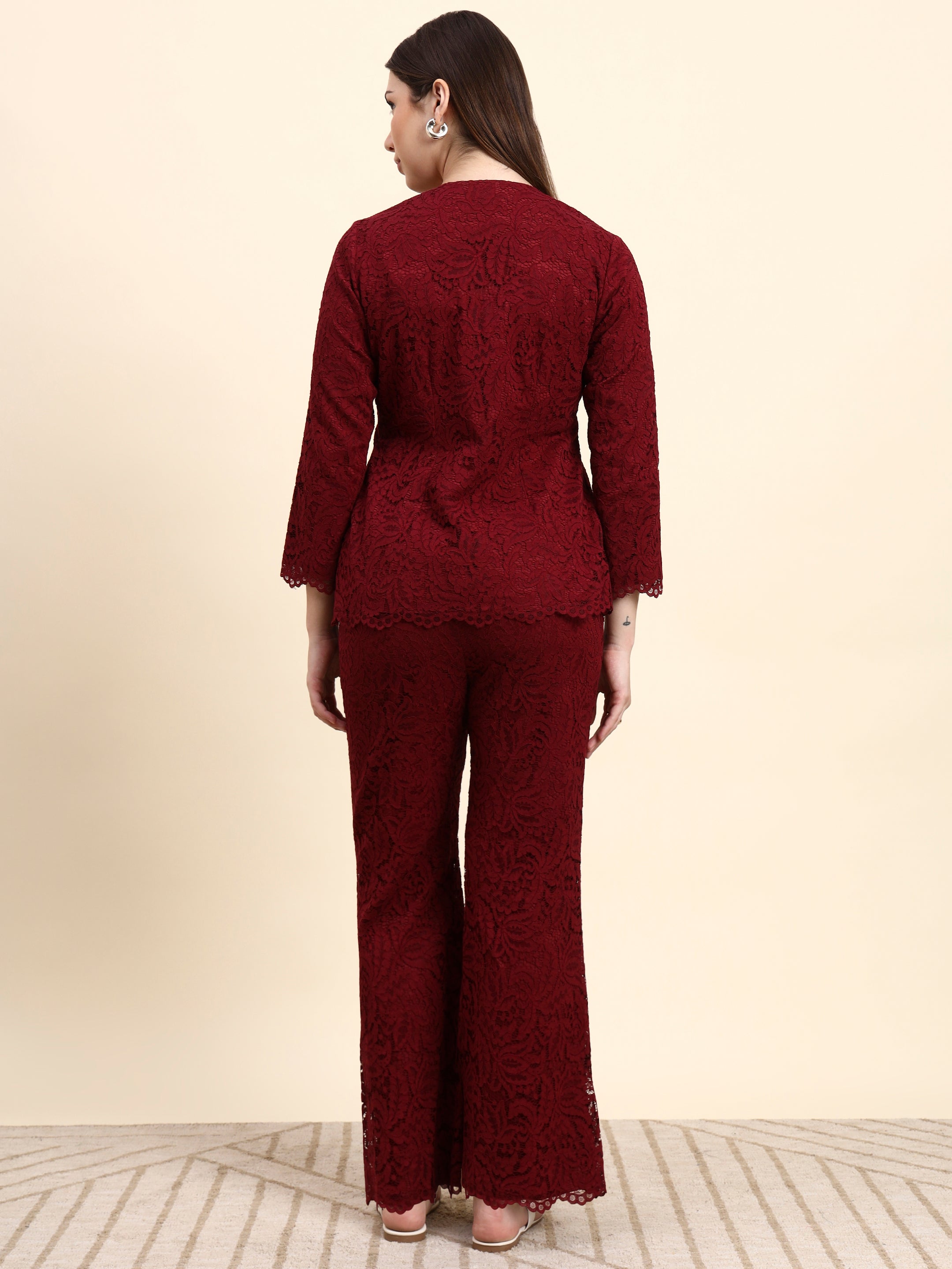 Lace Shirt Co-ord Set (Wine Red)