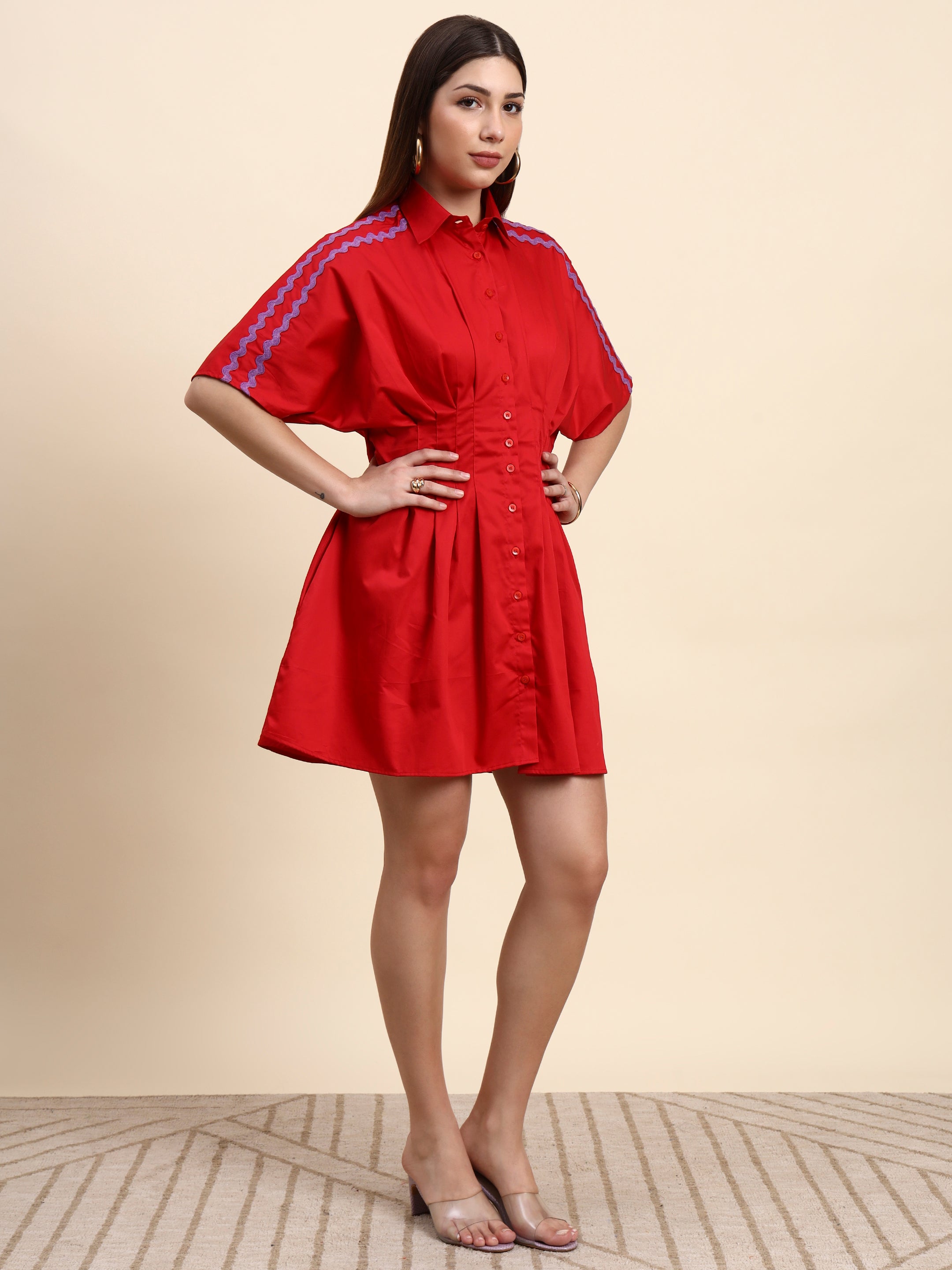 Scarlet Pleated Shirt Dress (Cherry Red)
