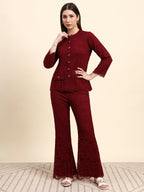 Lace Shirt Co-ord Set (Wine Red)