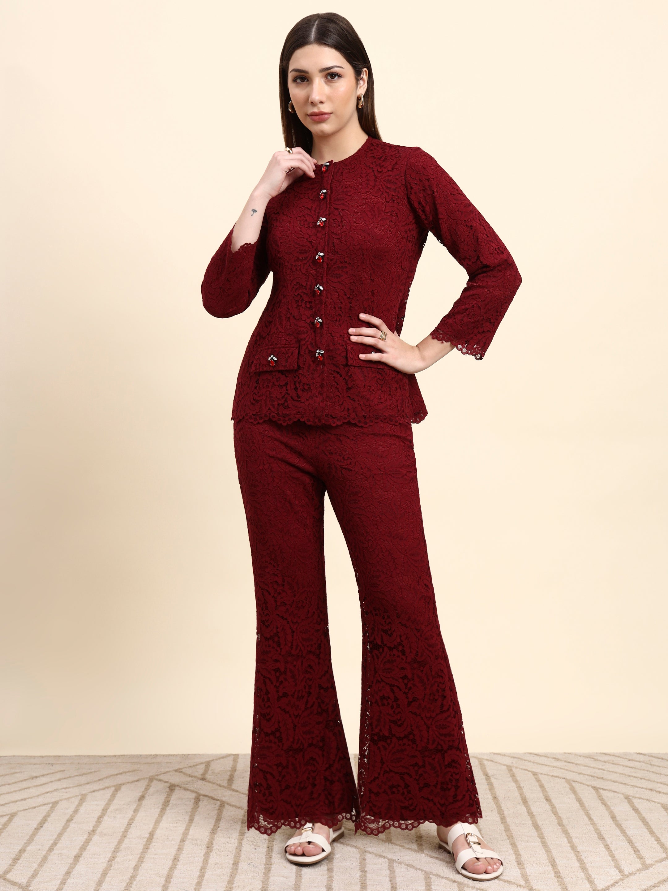 Lace Shirt Co-ord Set (Wine Red)