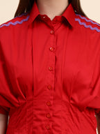 Scarlet Pleated Shirt Dress (Cherry Red)