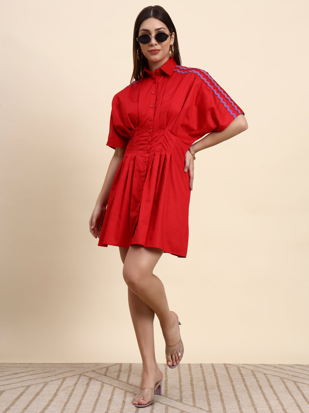 Scarlet Pleated Shirt Dress (Cherry Red)