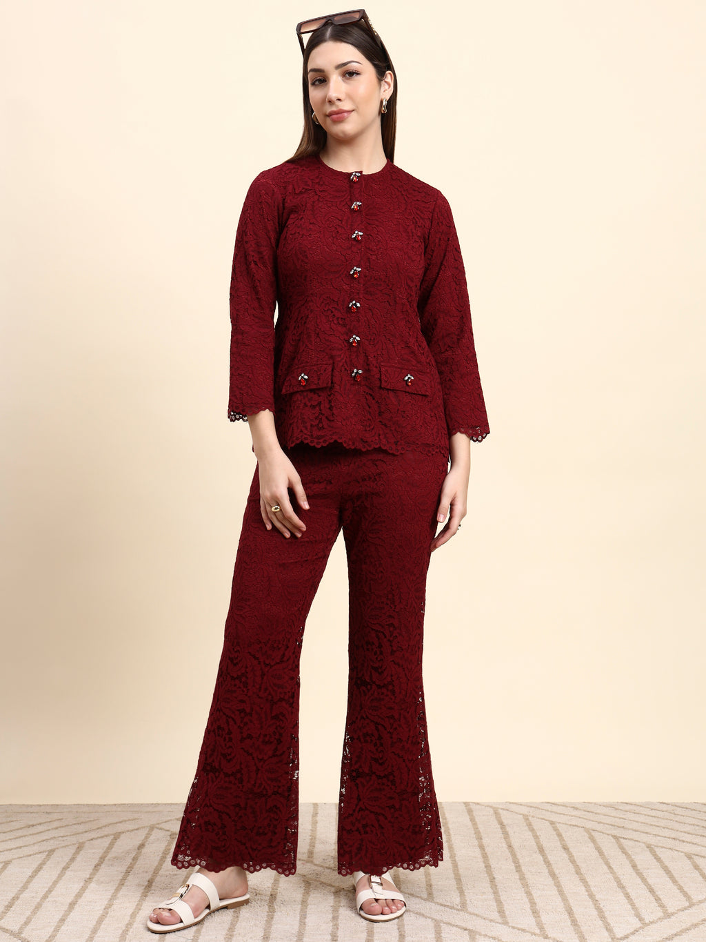 Lace Shirt Co-ord Set (Wine Red)