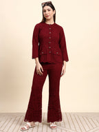 Lace Shirt Co-ord Set (Wine Red)