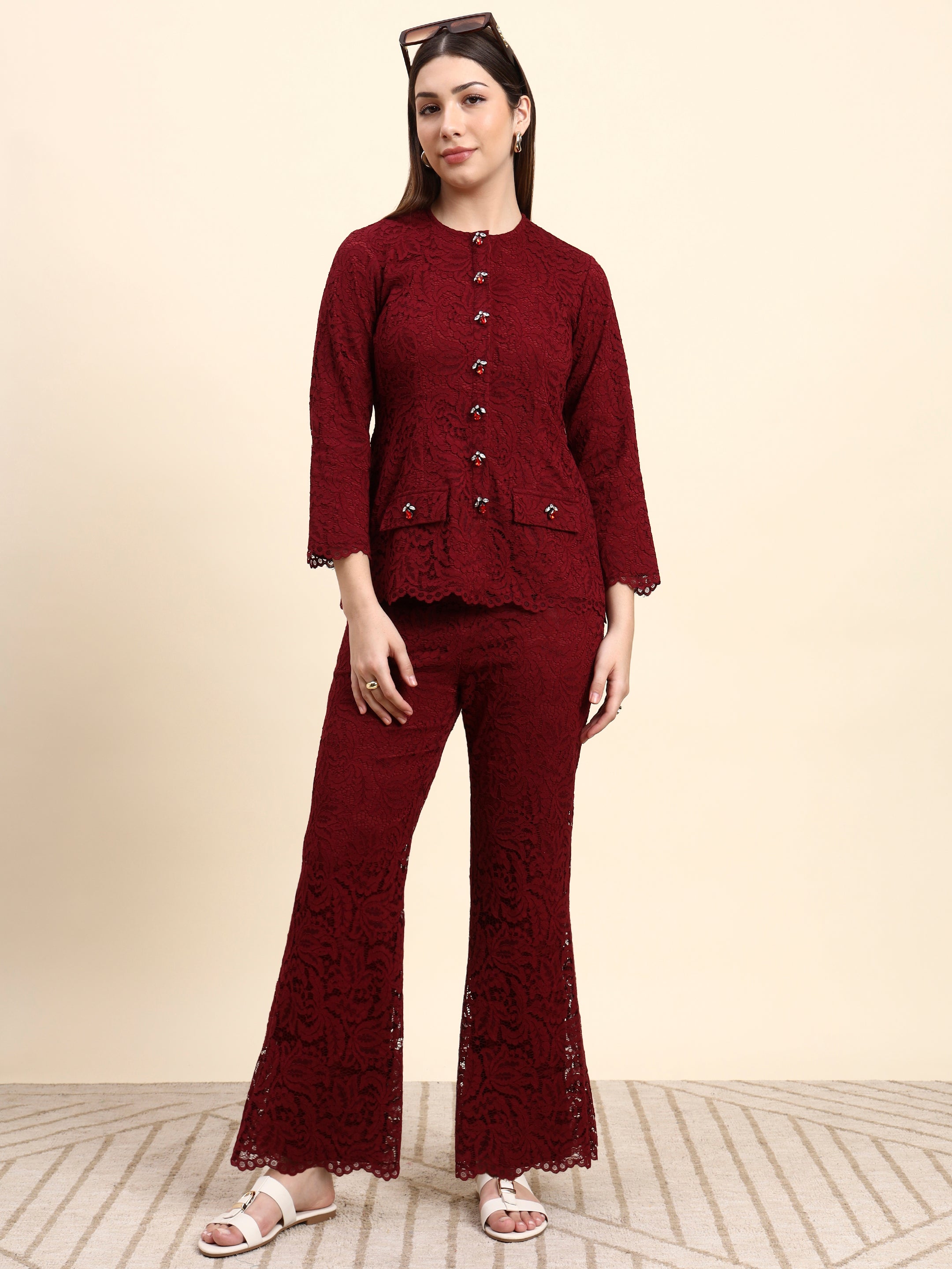 Lace Shirt Co-ord Set (Wine Red)