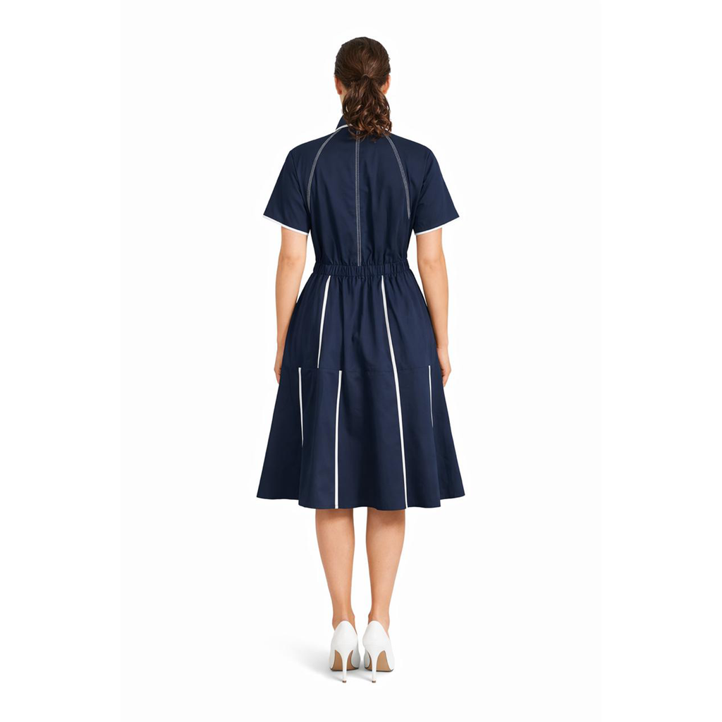 Ariya Threads Navy Blue A-Line Shirt Dress with Contrast Piping