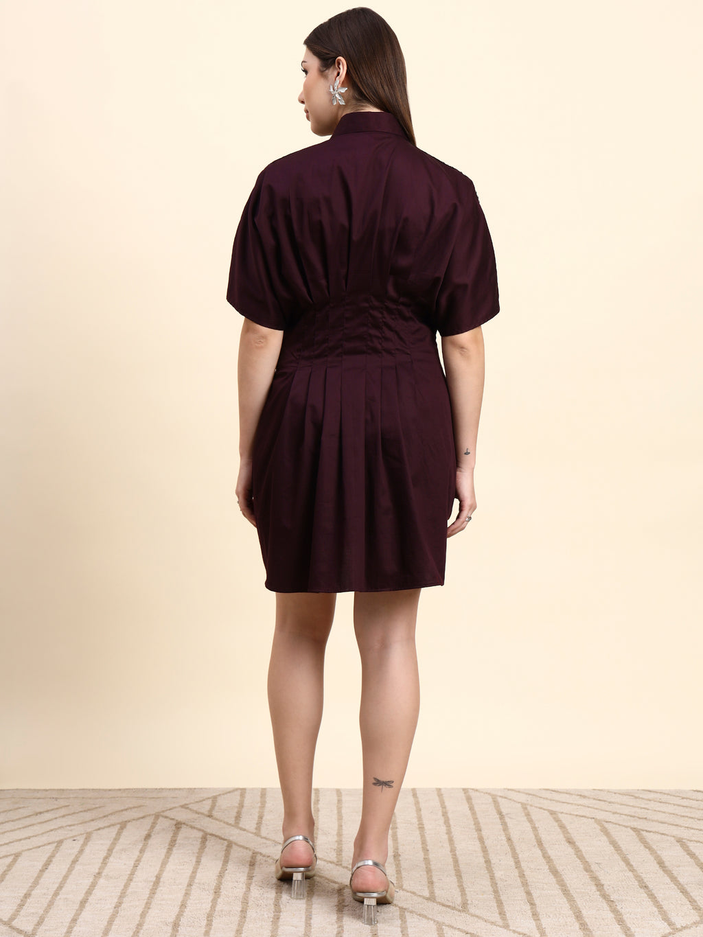 Selene Pleated Shirt Dress (Wine Burgundy)