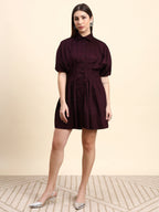 Selene Pleated Shirt Dress (Wine Burgundy)