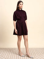 Selene Pleated Shirt Dress (Wine Burgundy)