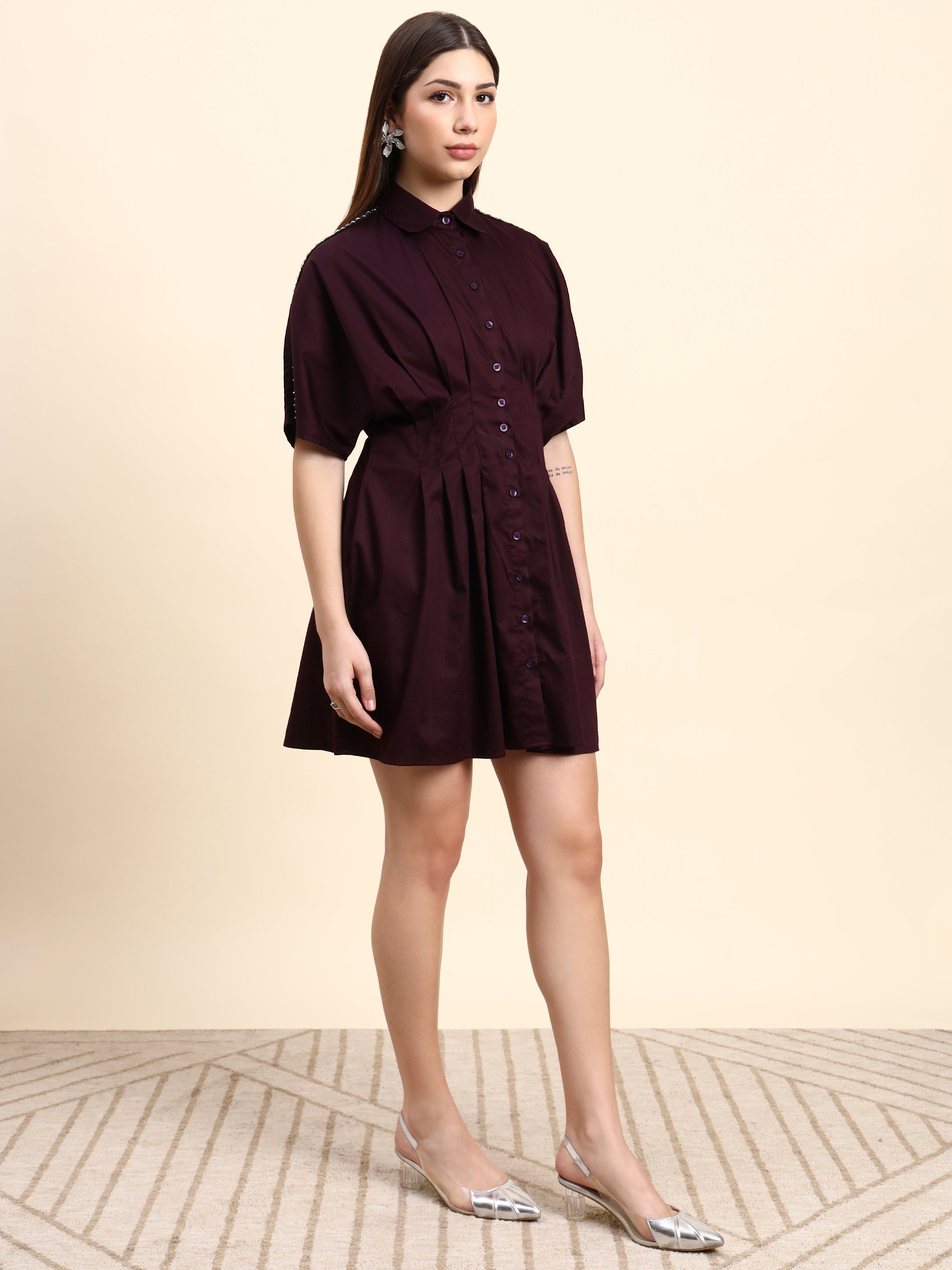 Selene Pleated Shirt Dress (Wine Burgundy)