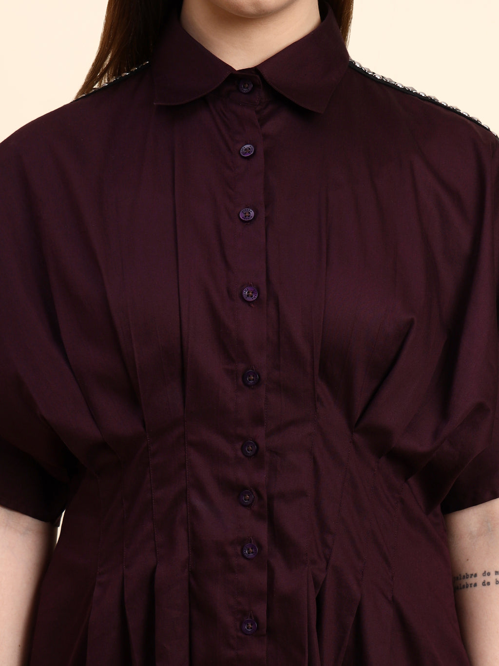 Selene Pleated Shirt Dress (Wine Burgundy)